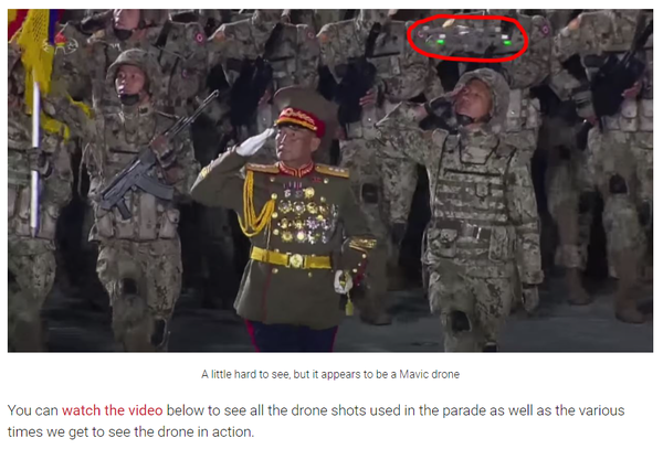 ▲ 미국 드론 전문매체 드론(DRONE) DJ가 14일(현지시간) 북한 열병식을 촬영한 드론은 중국 DJI 제품이라고 보도했다. 사진=드론 DJ 보도 캡쳐.