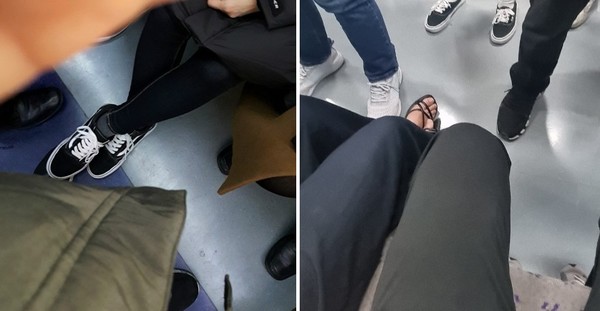 ▲ 지하철에 앉아 다리를 뻗고 앉아 앞에 서있는 사람들의 다리에 닿거나 닿을 듯 한 불안한 모습. 사진=보배드림 커뮤니티