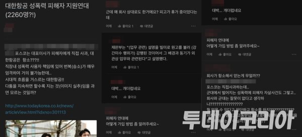 ▲ 17일 직장인 익명 커뮤니티에 대한항공 직원으로 추정되는 이용자들이 비판을 이어가고 있다. 사진=투데이코리아DB