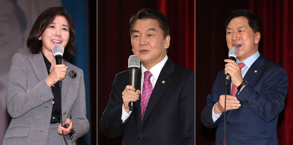 ▲ 나경원 저출산고령사회위원회 부위원장, 안철수 의원, 김기현 의원이 지난해 10월28일 경기 고양시 덕양구청에서 열린 국민의힘 경기도당 고양시(갑) 당원협의회 당원연수에서 강연을 하고 있다. 사진=뉴시스