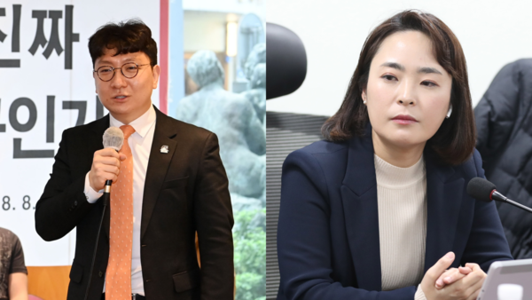 ▲ 신인규 국민의힘바로세우기 대표(왼쪽)와 손수조 리더스클럽 대표. 사진=뉴시스