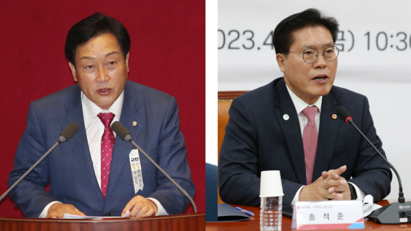 ▲ 국민의힘 김선교 전 의원(왼쪽)과 송석준 의원. 사진=뉴시스
