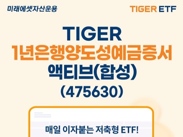 ▲ 미래에셋자산운용이 6일 한국거래소에 ‘TIGER 1년은행양도성예금증서액티브(합성) ETF’를 신규 상장했다. 사진=미래에셋자산운용
