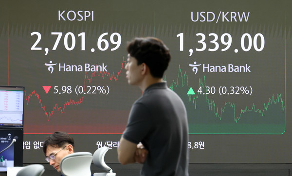 ▲ 23일 서울 중구 하나은행 본점 딜링룸 전광판에 코스피 등이 표시돼 있다. 사진=뉴시스