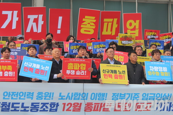 ▲ 최명호 전국철도노동조합 위원장이 21일 서울역 광장에서 열린 ‘전국철도노동조합 12월 총파업 돌입 예고 기자회견’에서 발언하고 있다. 사진=이기봉 기자