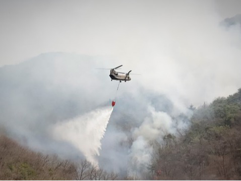 ▲ 육군 치누크 헬기(CH-47)가 경북 의성군 안계면 일대 야산에 발생한 산불을 진화하고 있다. 사진=뉴시스