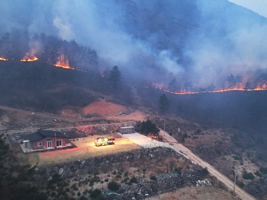 ▲ 지난 24일 오전 산청군 단성면 산기슭에 산불이 이어지고 있다. 사진=뉴시스