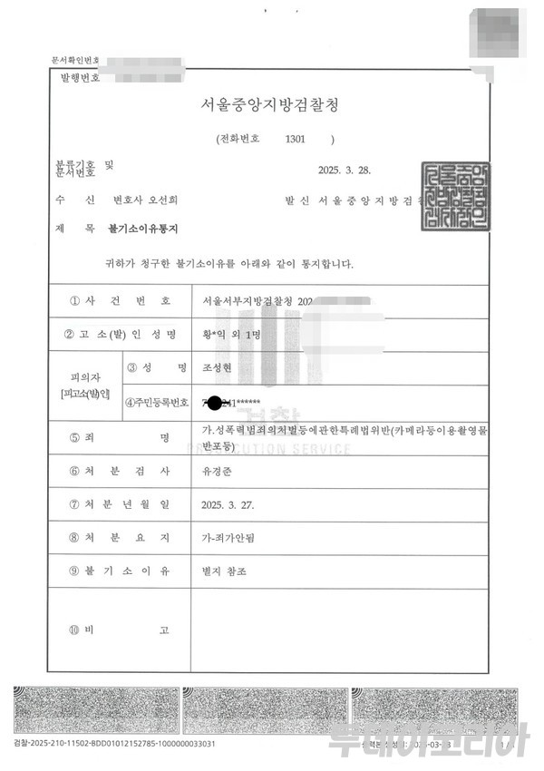 ▲ 넷플릭스 다큐멘터리 ‘나는 신이다’ 조성현 PD가 공개한 불송치 통지서. 사진=투데이코리아