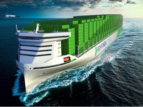 ▲ HD한국조선해양이 공개한 1만5000 TEU급 SMR 추진 컨테이너선의 조감도. 사진=HD한국조선해양