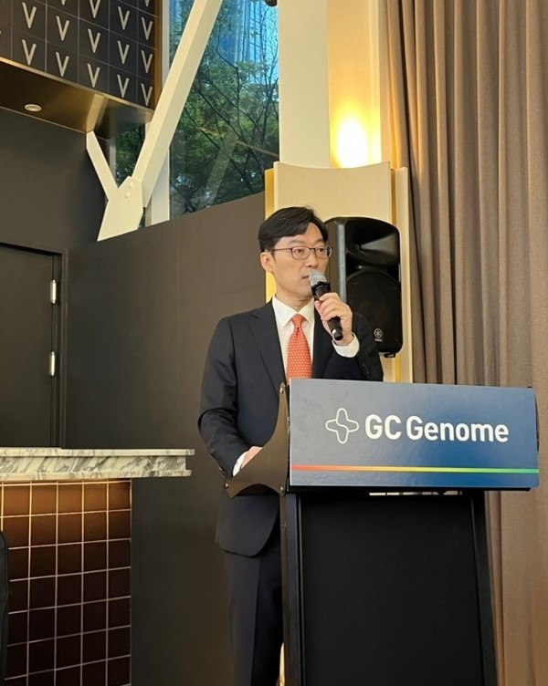 ▲ GC지놈 기창석 대표가 23일 서울 영등포구 콘래드호텔에서 열린 GC지놈 기자간담회에서 발언하고 있다. 사진=GC지놈