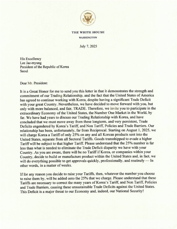 ▲ 도널드 트럼프 미국 행정부가 이재명 정부에게 보낸 '관세 서한' 중 첫 페이지. 사진=도널드 트럼프 트루스소셜 갈무리