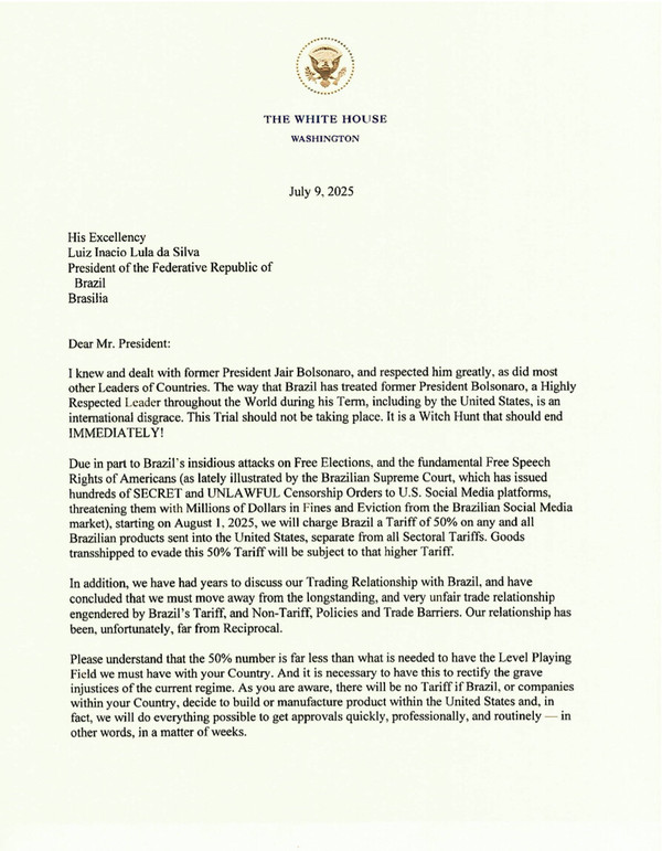 ▲ 도널드 트럼프 미국 대통령이 9일(현지시간) 사회관계망서비스(SNS) 트루스소셜을 통해 루이스 이나시우 룰라 다시우바 브라질 대통령을 상대로 상호관세율 50%가 적힌 서한을 보냈다. 사진=도널드 트럼프 대통령 트루스소셜 갈무리
