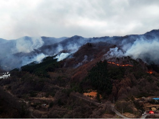 ▲ 산청 산불 발생 6일째를 맞은 지난 27일 오후 지리산국립공원과 맞닿은 경남 산청군 구곡산에 난 산불이 마을쪽으로 향하고 있다. 사진=뉴시스