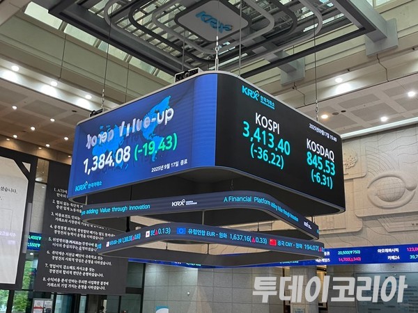 ▲ 지난 17일 한국거래소(KRX) 로비의 전광판. 사진=투데이코리아
