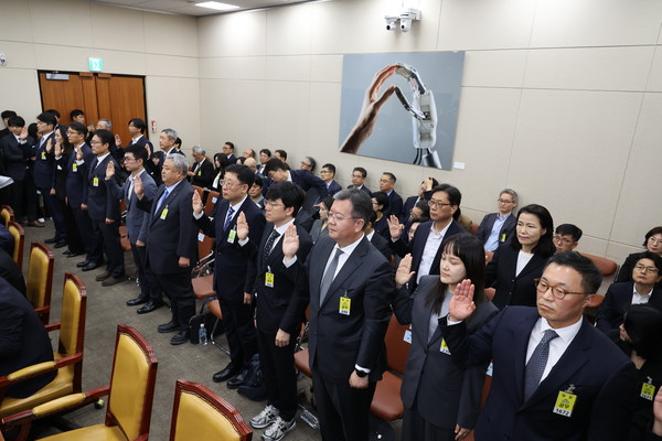 ▲ 14일 서울 여의도 국회에서 열린 과학기술정보방송통신위원회 국정감사에서 일반증인들이 선서를 하고 있다. 사진=뉴시스