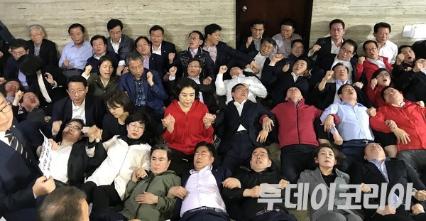 ▲ 당시 자유한국당 나경원 원내대표 등 의원들이 2019년 4월 26일 밤 사개특위 회의가 예정된 서울 여의도 국회 220호 회의실 앞에 드러누워 국회 사법개혁특별위원들의 진입을 막고 있다. 사진=투데이코리아